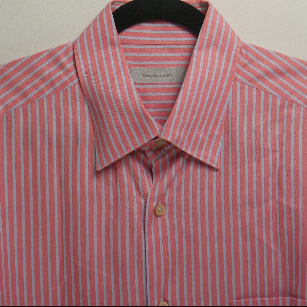 Ermenegildo Zegna Men's XXL Salmon Lt Gry Striped Button Down Shirt 100% Cotton